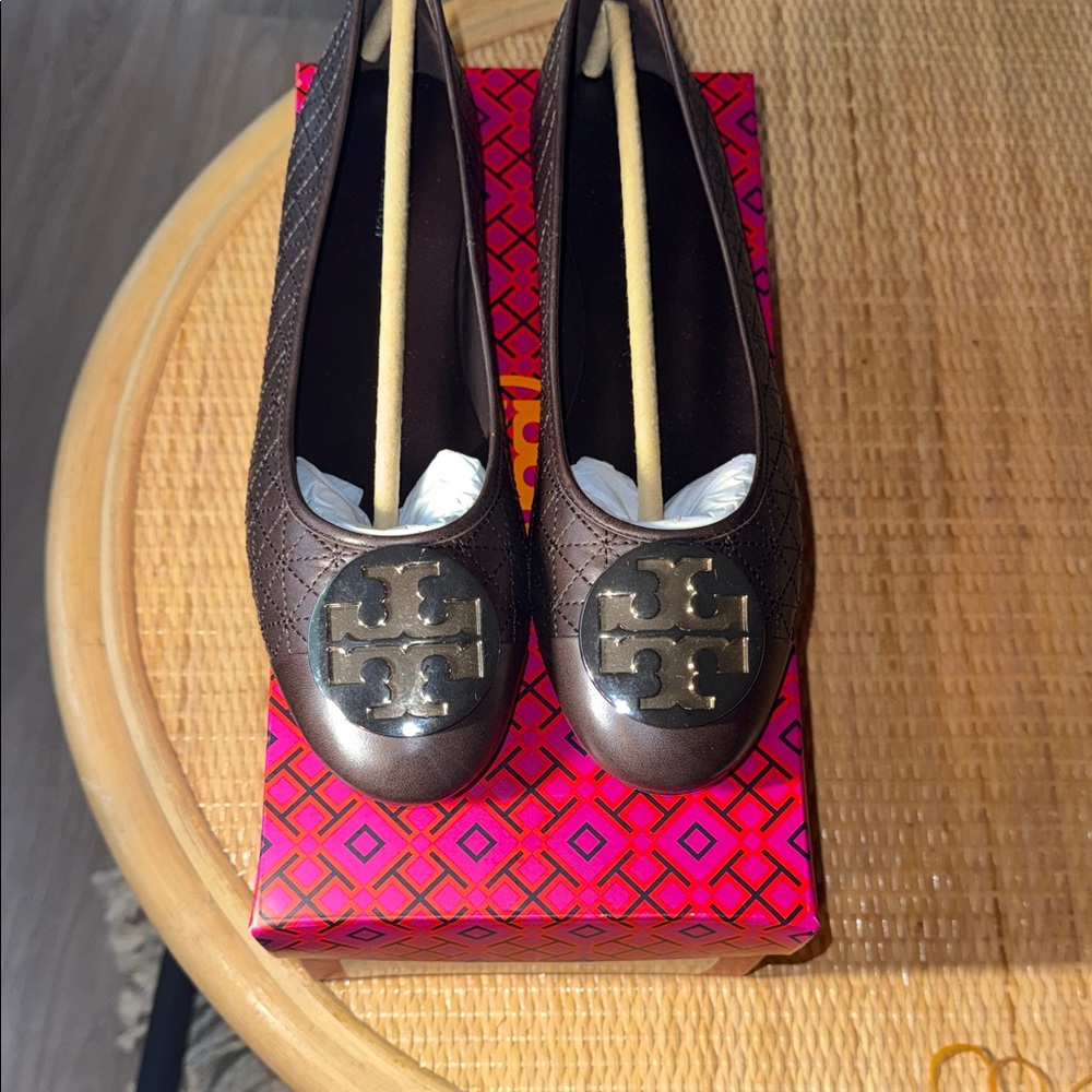 Tory Burch Claire Quilted Logo Ballet Goat Leather Flats